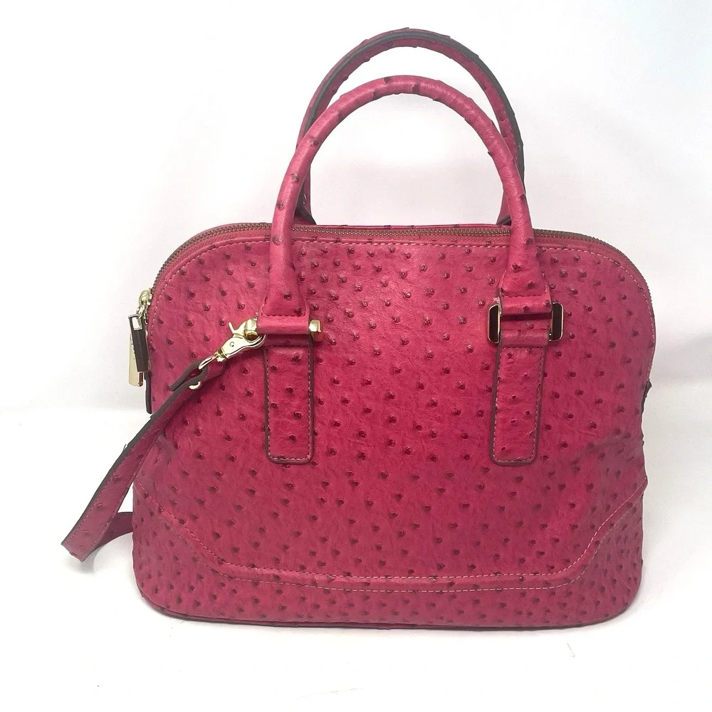 Ivanka Trump Ava Dome Satchel Pink Ostrich Embossed Handbag Gold Hardware Purse